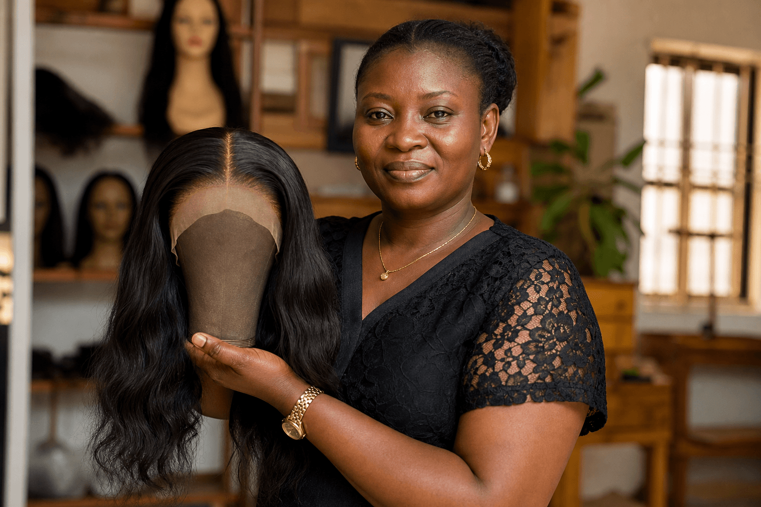 A Nykia B Luxury Hair artisan finishing a hand-tied unit