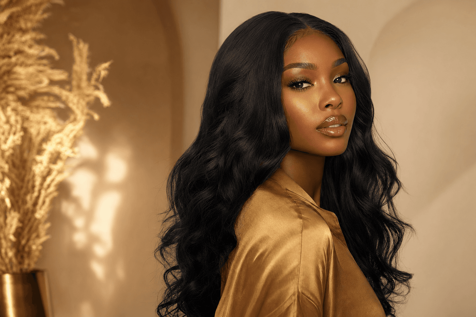 Elegant woman wearing a Nykia B Luxury Hair handcrafted wig