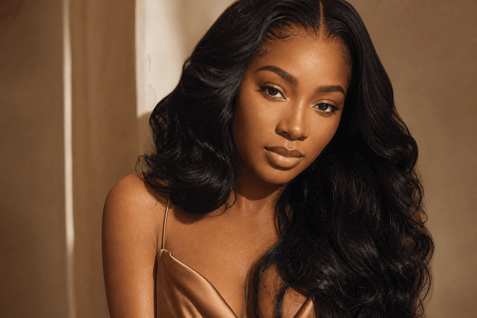 Elegant woman wearing a Nykia B Luxury Hair handcrafted wig