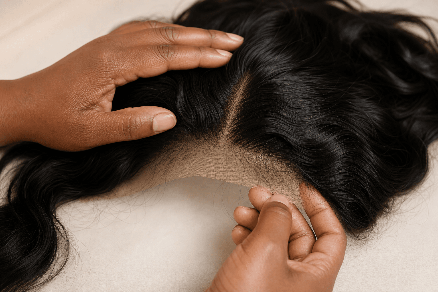 Nykia B artisan inspecting a handcrafted wig for quality